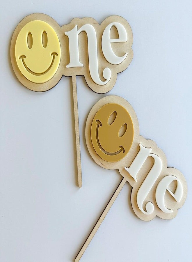 Curious Button Pack of 2 Smiley One Cake Topper for First Birthday | 6 Inch Pine MDF Cake Decoration | One Happy Dude Theme | Wooden Smiley Face Cake Topper | Baby Birthday Party Prop** (Yellow)